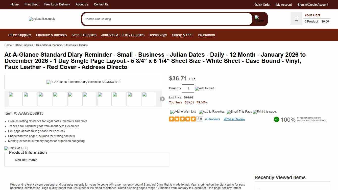 At-A-Glance Standard Diary Reminder - Small - Business - Julian Dates - Daily - 12 Month - January 2026 to December 2026 - 1 Day Single Page Layout - 5 3/4" x 8 1/4" Sheet Size - White Sheet - Case Bound - Vinyl, Faux Leather - Red Cover - Address Directo - aplusofficesupply